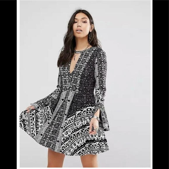 Free People OB565632 Tegan Border Printed Mini Dress in Black Size 4 - Picture 2 of 14